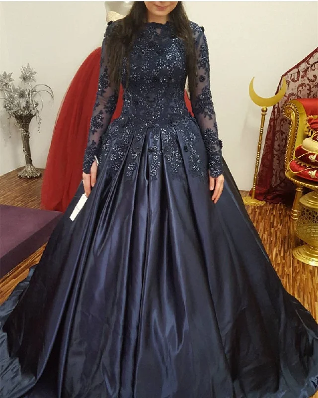 Navy Blue Lace Long Sleeves Wedding Dresses Ball Gowns