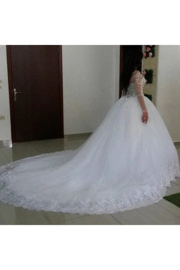 Newest Crystals Tulle Lace Illusion Wedding Dress Long Sleeve Ball Gown