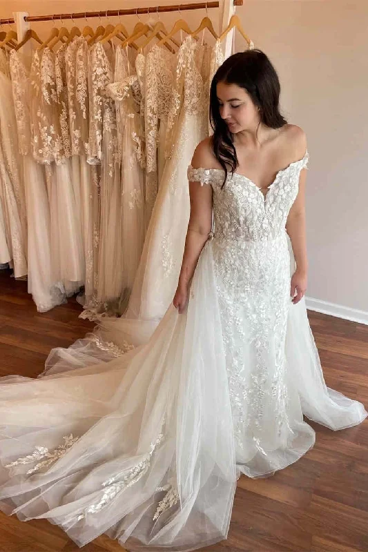 Off the Shoulder Mermaid Wedding Dress with Detacheable Train