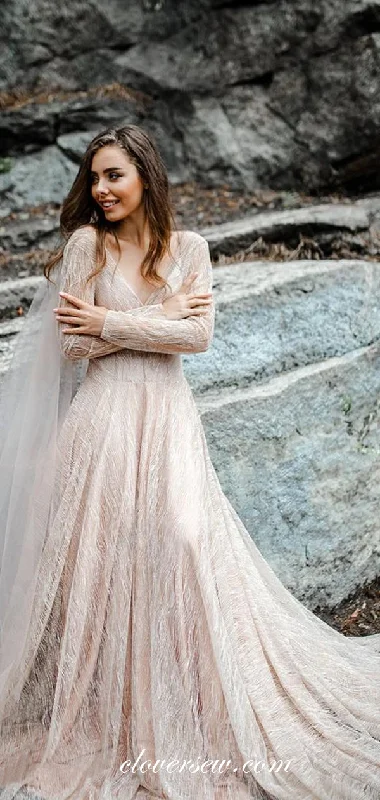 Pink Champagne Shiny Sequined Tulle Long Sleeves Wedding Dresses, CW0205