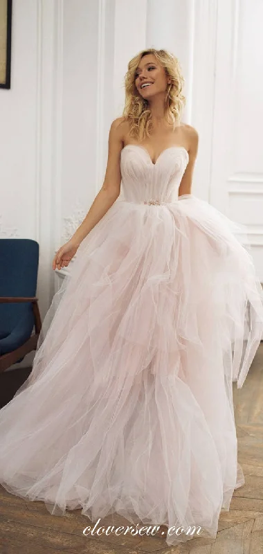 Pink Tulle Sweetheart Strapless Ruffles A-line Wedding Dresses, CW0220