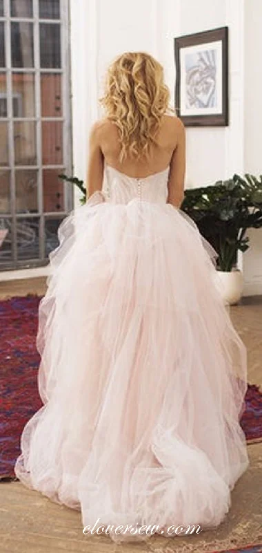 Pink Tulle Sweetheart Strapless Ruffles A-line Wedding Dresses, CW0220