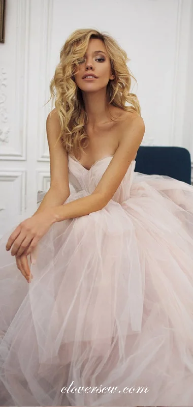 Pink Tulle Sweetheart Strapless Ruffles A-line Wedding Dresses, CW0220