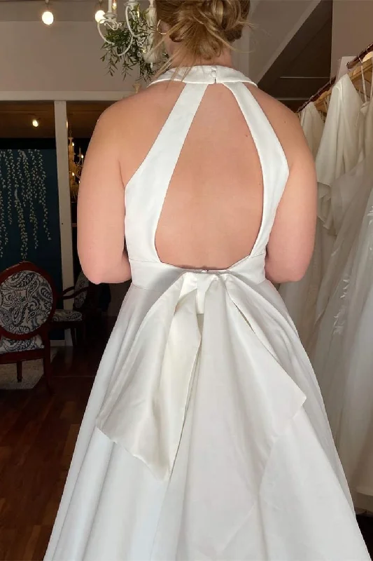 Plunging Halter Ivoty Bridal Dress with Pockets