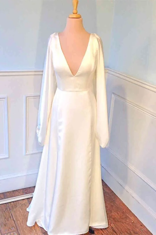 Plunging V-Neck Backless Ivory Wedding Dress with Sleeves