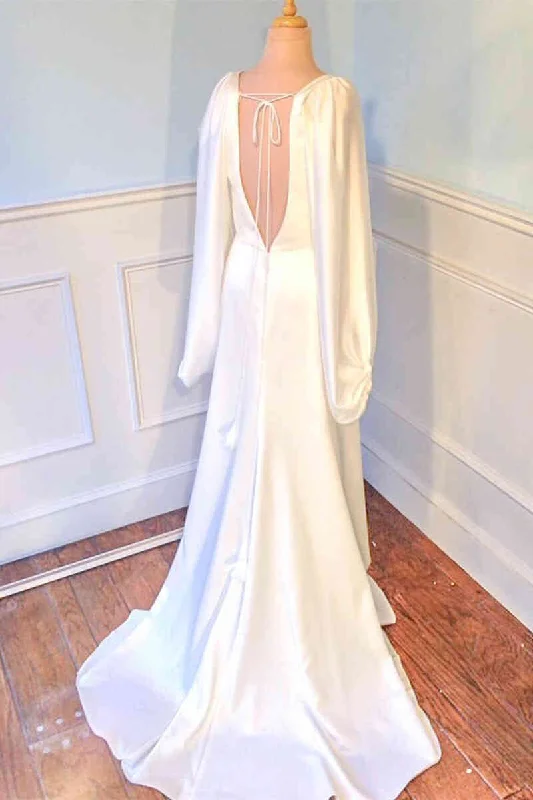 Plunging V-Neck Backless Ivory Wedding Dress with Sleeves