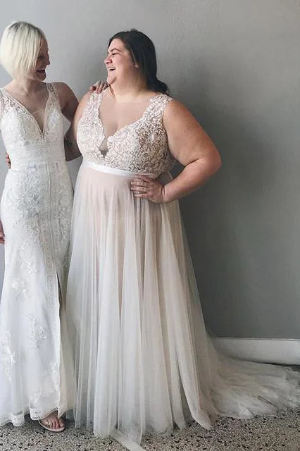 Plus Size Illusion Neck A-line Ivory Wedding Dress with Lace Top