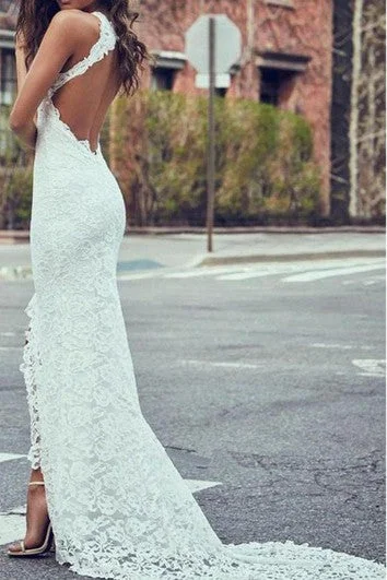 Sexy Lace Sheath Halter Sleeveless Keyhole Long Wedding Dress