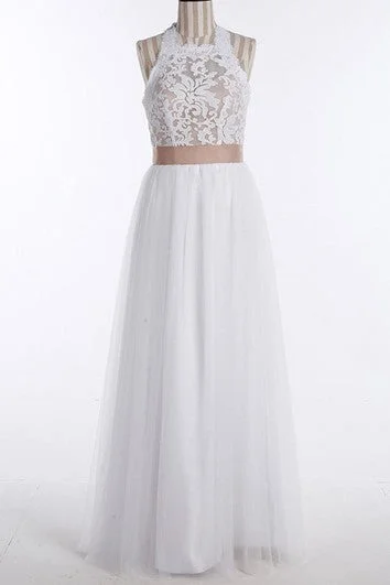 Simple Jewel Sleeveless Floor-length Lace Top Wedding Dress