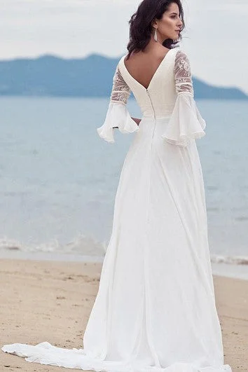 Simple V-neck Chiffon Lace A Line Floor-length Half Sleeve Wedding Dress