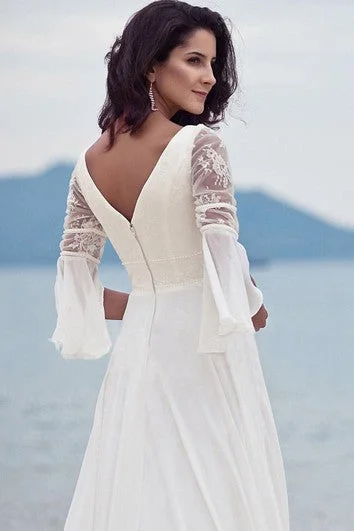 Simple V-neck Chiffon Lace A Line Floor-length Half Sleeve Wedding Dress