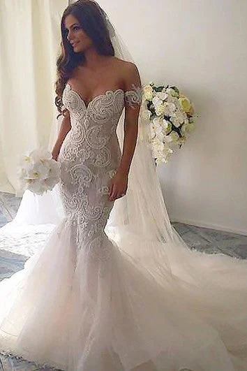 Trumpet Court Train Off-the-shoulder Lace Wedding Dresses