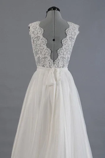 Tulle A-Line Sleeveless Dress With Scalloped-Edge Neckline and Lace Bodice