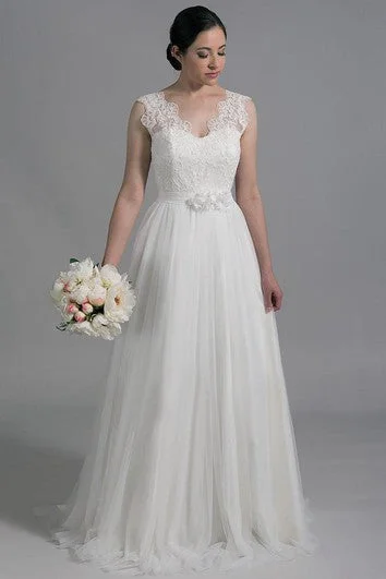 Tulle A-Line Sleeveless Dress With Scalloped-Edge Neckline and Lace Bodice