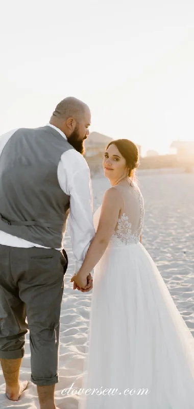 V-neck Illusion Back Lace Tulle White Plus Size Wedding Dresses, CW0228