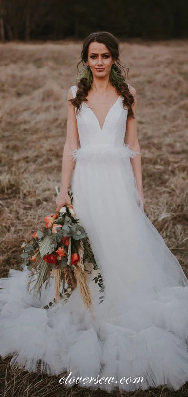 V-neck White Tulle Sleevelss With Feather Belt Wedding Dresses, CW0222