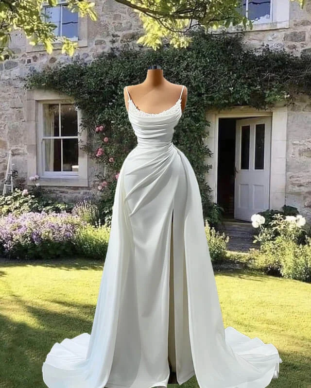 Mermaid Cowl Neck Split Satin Wedding Dress