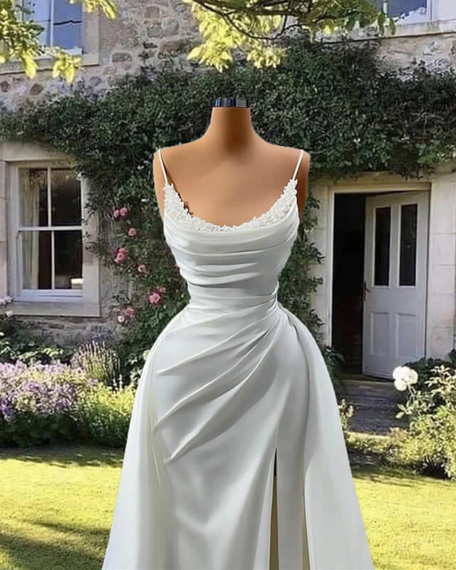 Mermaid Cowl Neck Split Satin Wedding Dress