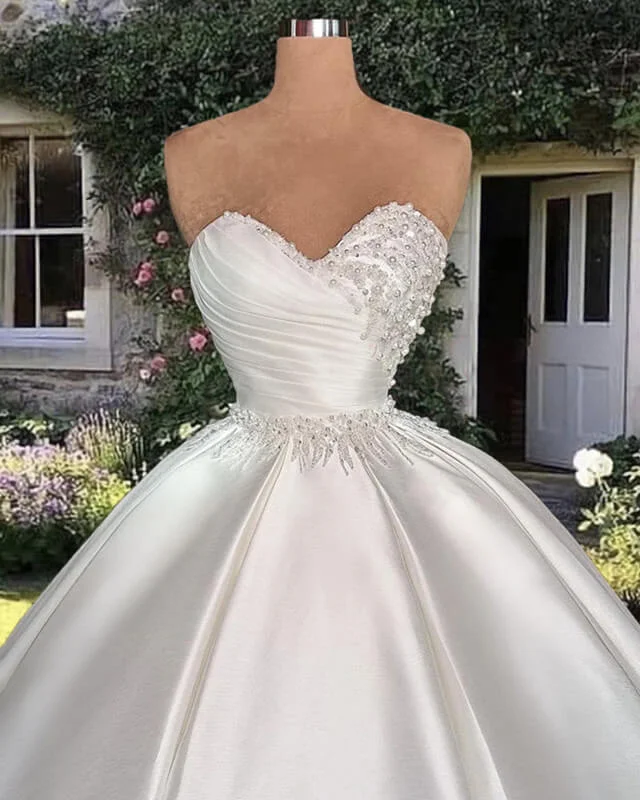 Ball Gown Satin Sweetheart Wedding Dress Pearl Beaded