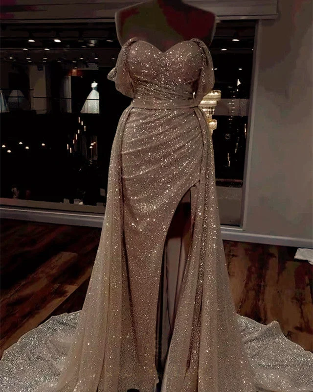 Mermaid Champagne Sparkly Off Shoulder Wedding Dress