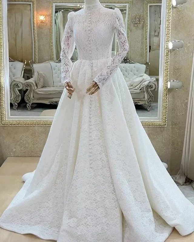 Modest Lace High Neck Long Sleeve Wedding Dress