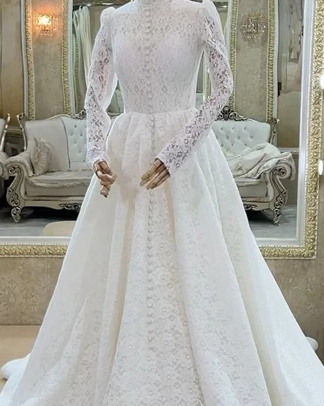 Modest Lace High Neck Long Sleeve Wedding Dress