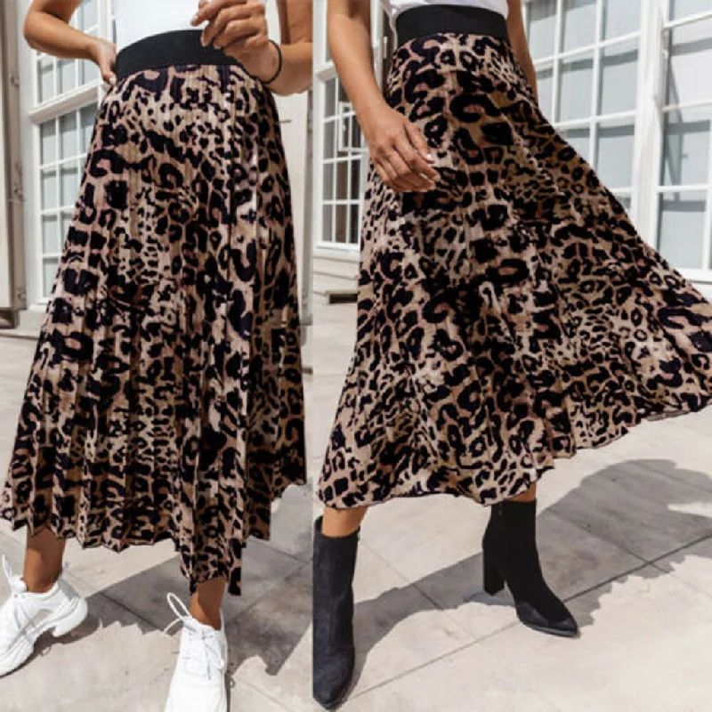 Wild Spirit Leopard Print High-Waist Pleated Midi Skirt